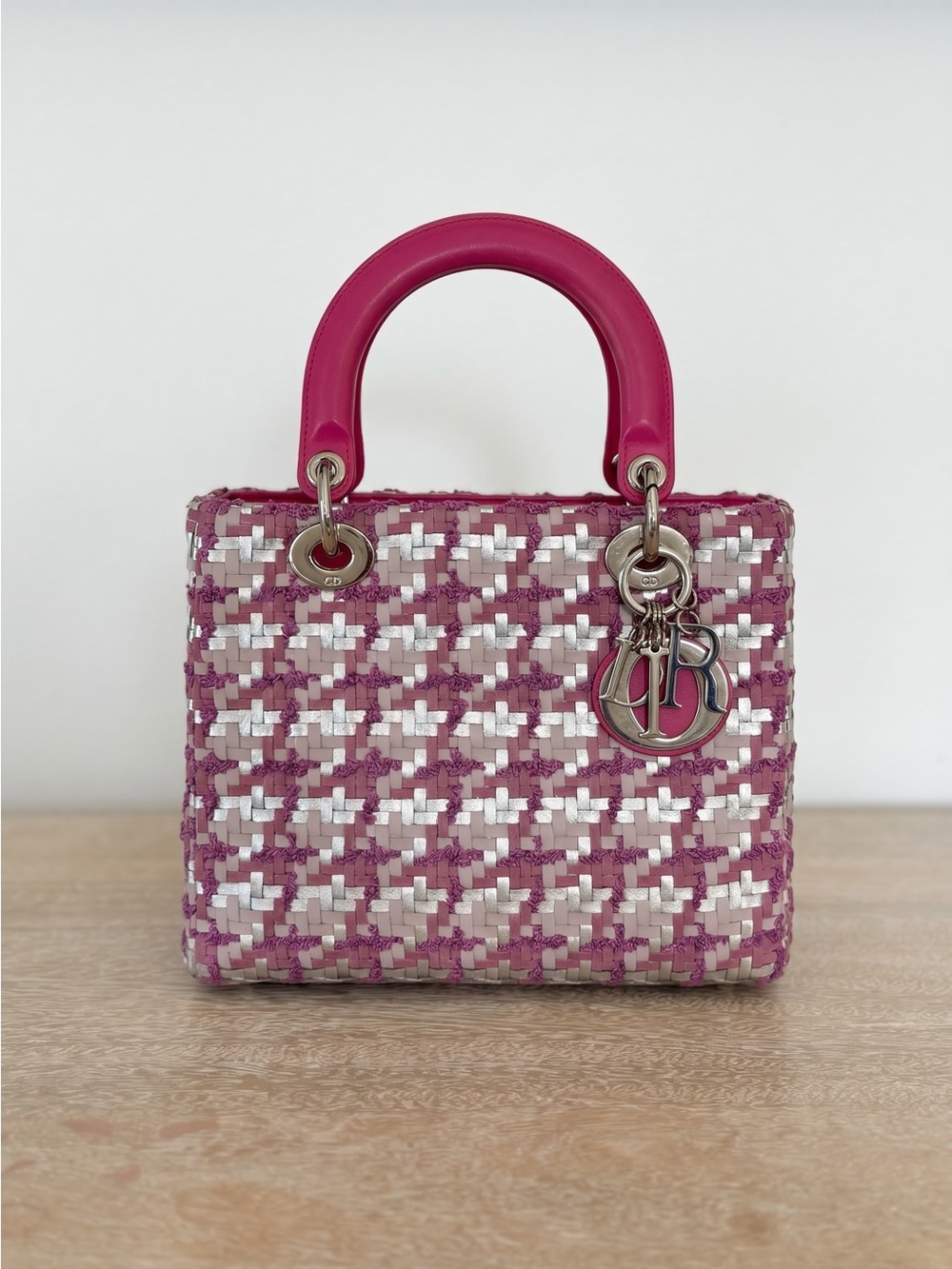 Christian Dior Lady Dior Medium Pink Woven Leather Bag w Strap Auth Card RARE